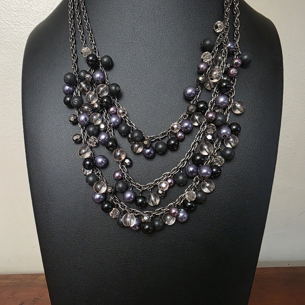 Elegant Multi-Strand Beaded Necklace. Black, Purple. Festive.